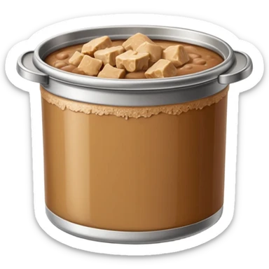 open metal can filled with soft moist chunks or smooth pâté in natural brown tones, slightly glossy gelatinous surface, clean edge, no label, no pet, spoon, or bowl, just the open can and contents, apple emoji style, soft lighting, subtle shadows, transparent background, emoji scale sticker