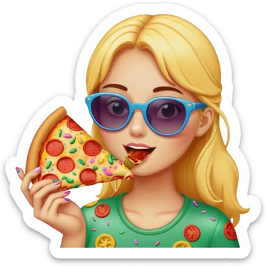 A girl with sunglasses and eatin dlice of pizza sticker