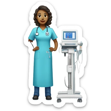 dialysis nurse wearing a blue tunic standing next to a dialysis machine sticker