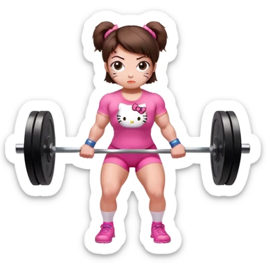 A strong female powerlifter with short brown hair performing a deadlift. She wears a pink Hello Kitty t-shirt and has small bruises on her legs. Her expression is focused and determined as she lifts the heavy barbell in a gym setting. The atmosphere is intense, highlighting her strength and dedication. sticker