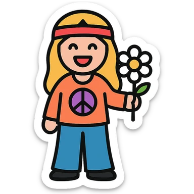 flower child, 1960s hippie, holding a daisy, bell-bottom pants, cheerful, simple icon sticker