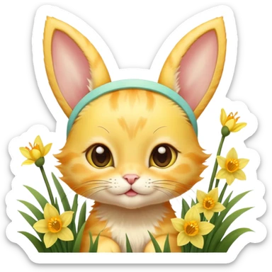 A sunshine yellow kitten with freckles, bunny ears headband, surrounded by daffodils and playful butterflies. sticker