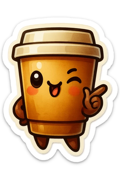 Tall coffee cup, pointing, winking, clinking tongue, cocky sticker