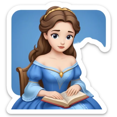 Cinematic Elegant Belle Portrait Emoji, Sitting with an open book, eyes dreamy with thought, her iconic blue village dress draped gracefully, exuding intelligence, kindness, and timeless charm! sticker