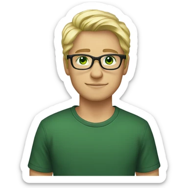 male, nose-piercing, cold blond hair, glasses, green eyes, black t-shirt sticker