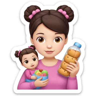 Cute small Toddler emoji with two small buns dark brown hair, fair skin, in pink top, holding toddler snacks & doll sticker