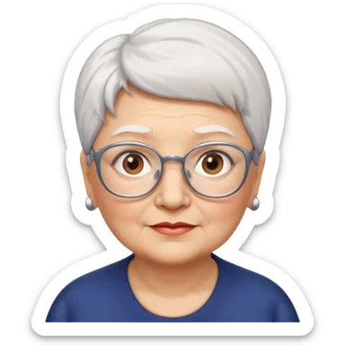 Create me emoji of an old mid-fat lady. Short white hair to left side. Square glasses. Brown eyes. No earings sticker