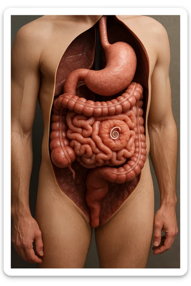 a 3D cutaway view of the human digestive tract, showing an Anisakis larva attached to the intestinal wall. in a man sticker