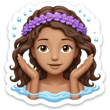 Sticker 3D joven de piel morena clara, ojos marrón oscuro y pestañas largas. Cabello castaño ondulado extralargo hasta la mitad de los glúteos. Viste DE lavanda. con abundante espuma  sobre su cabeza y manos en el pelo, ojos cerrados, expresión feliz. Render con destellos de agua. sticker