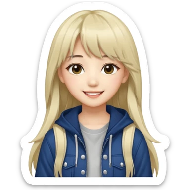 Portrait of a young female K-pop idol, wearing a stylish streetwear outfit with layered clothing, long hair with bangs, cool face sticker