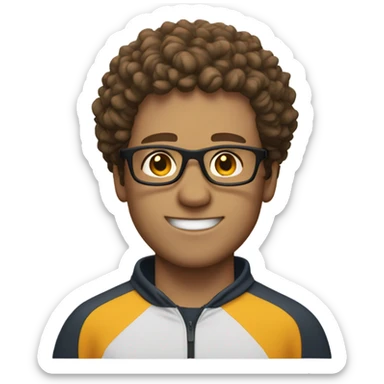 white man with glasses, and short brown curly hair, with sportswear sticker