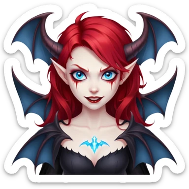 extremely diabolical girl with demonic bat wings, blood red hair, glowing blue eyes, black hellfire aura, sharp horns, evil grin sticker