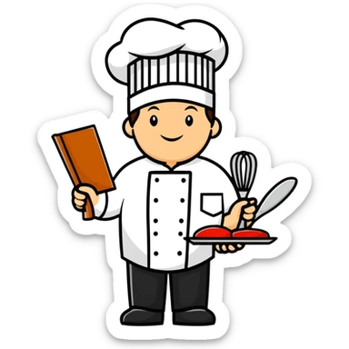 Enthusiastic chef wearing business suit and chef hat, holding cooking utensils and a sales contract sticker