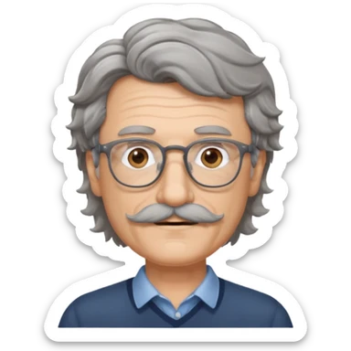 Generate a portrait of a slightly older man with glasses. His hair is quite thin, gray, but wavy. He has brown eyes and a mustache. sticker