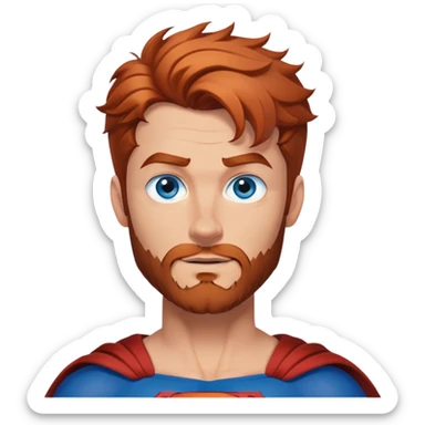 flying superman，half body, blue eyes, Irish redish messy hair, trimmed facial hair sticker