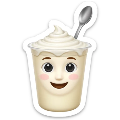 A 3D cartoon yogurt cup with a spoon, creamy white top, Memoji-style rendering. sticker