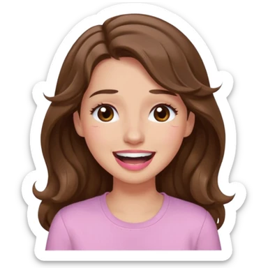 girl with wavy long brown hair, brown eyes, light to medium complexion, long lashes, light pink lipstick, wearing light pink shirt, smiling, crying laughing sticker