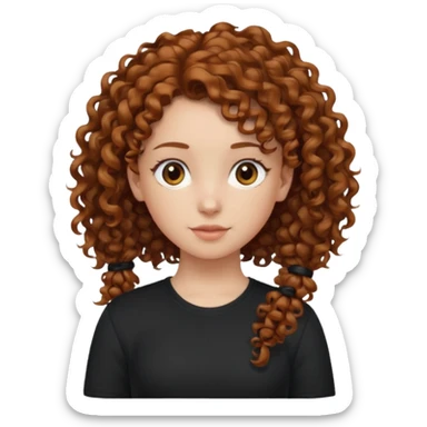 Girl, chestnut colored curly hair, only one ponytail, black shirt sticker
