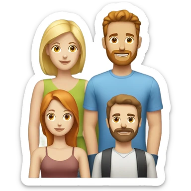 A Blonde woman, a redhead woman and a brown haired man with a short beard sticker