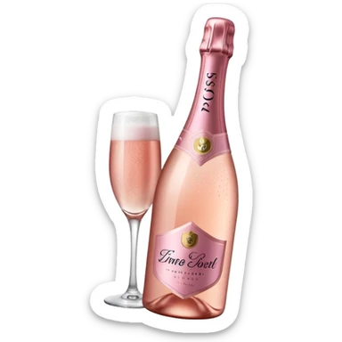 bottle of sparkling rosé champagne with a rose logo on the label, tilted up and to the left, no glass sticker