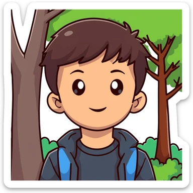 boy with straight brunette hair brown eyes and tree behind sticker