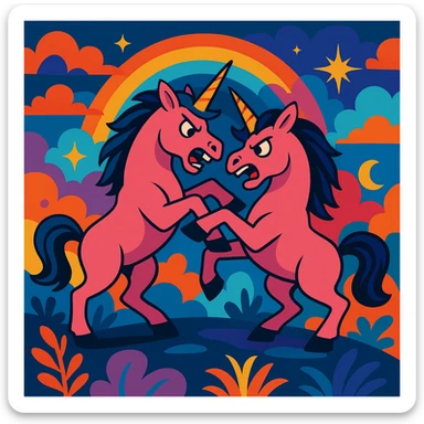 two pink unicorns fighting, vibrant, dynamic, fantasy style sticker