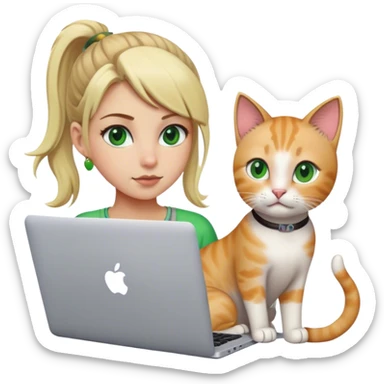 Blonde girl ponytail green eyes with apple MacBook and a cat sticker