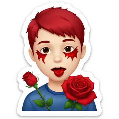 red glitter naughty-looking boy biting a rose in his mouth sticker