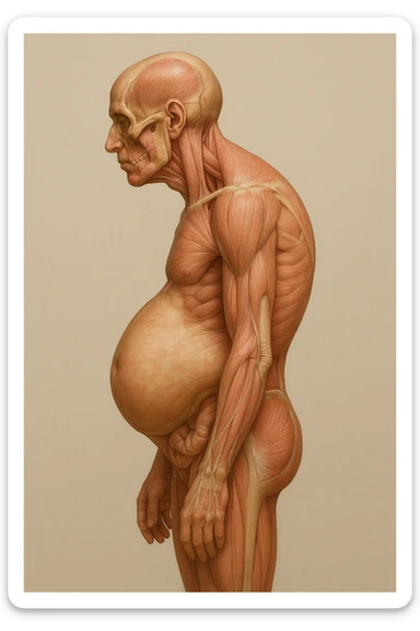 corpo UMANO ANATOMICO di profilo con spalle chiuse in avanti e pancia sporgente, postura errata, iperrealistico 4k sticker