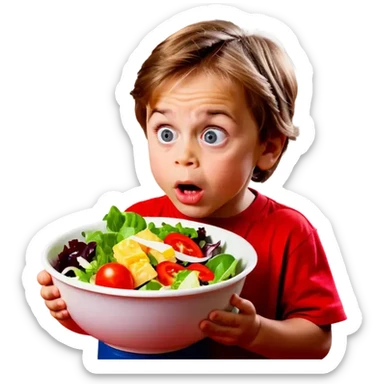 A 4-year-old boy who doesn't like to eat salad. The boy has expressive eyes and light brown hair. sticker