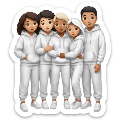 four mixed race friends all wearing white oversized hoodies, white sweatpants, and white slides huddled together hugging sticker