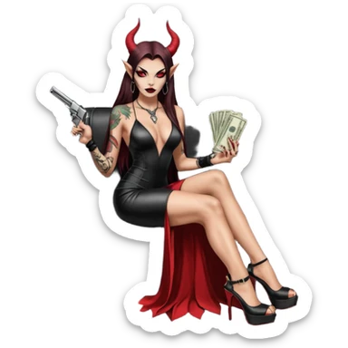 Lilith model red eye sexy black  devil horns.  long brown haired sexy succubus woman with leather long dress slit, sitting in limo. Wearing Black Platform high heels on feet. Tattoo sleeve arms, she has stacks of cash and a man dead human skull is on top of stack of cash and a gun in  hand sticker