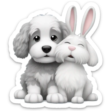 Grey and white fluffy dog petting a bunny ￼ sticker