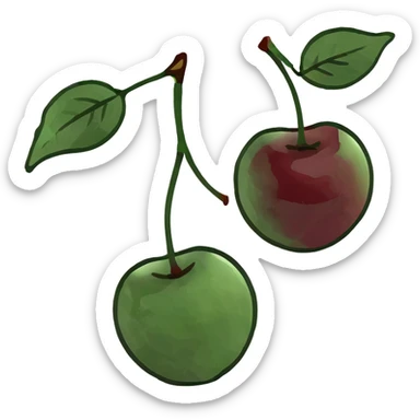 3D style pair of deep burgundy cherries with green stem, rich dark red color sticker