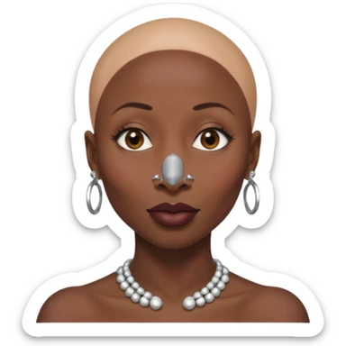 Grown black (proud) woman, bald with a perfect head, a prominent nose with a septum piercing, many piercings on her ears, a gap between her front teeth and very long nails (cynthia erivo) sticker