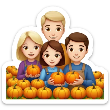 family picking apples and pumpkins together, autumn background, joyful sticker
