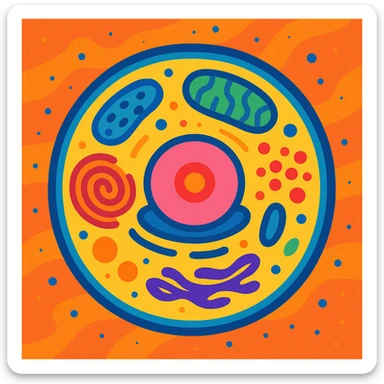 stylized cell illustration with organelles, artistic and abstract, vibrant colors sticker