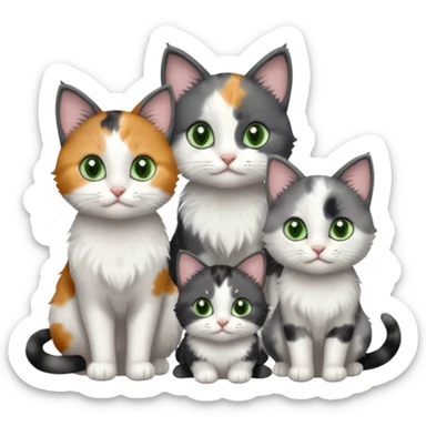 3 different coloured small cats including a dark grey and white, and a patchy calico and a completely solid dark grey with green eyes and only white paws sticker
