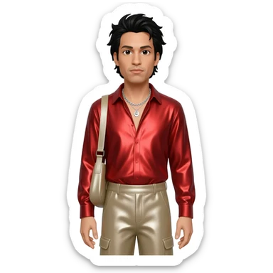 Chino Moreno with black hair, red metallic shirt, beige metallic baggy pants, silver necklace sticker
