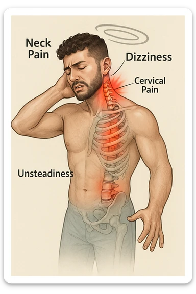 Uomo con dolore per infortunio vista anatomica in piedi con dolori cervicali vertigini e sbandamenti sticker