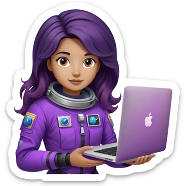 girl astronaut with purple suit, lashes, long ombre black/brown wavy hair and one macbook sticker