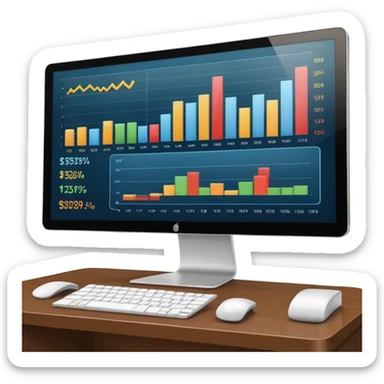 Create a modern desktop computer displaying financial charts and analytics dashboards on the screen. sticker