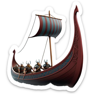 detailed-cinematic-viking-longboat, rendered in a flat, bold vector style with minimal shading, featuring a striking dragon-headed prow slicing through waters. shields on the side and vikings rowing The longboat’s, the boat has carved motifs evoke a sense of epic adventure and Nordic might, with billowing sails catching a dramatic, stormy sky backdrop. sticker