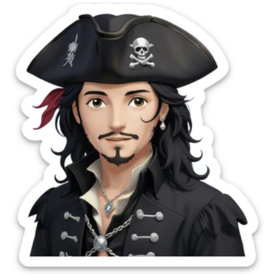 A charismatic pirate with wavy black hair tousled by the sea breeze. His black tricorn hat, embroidered with silver, casts a subtle shadow. Dark eyes glint with mischief as he looks to the side, a knowing smile on his lips. His fitted black coat, adorned with silver buttons, shifts slightly with the wind. A silver chain dangles from his belt sticker