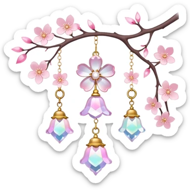 Hanging Iridescent pastel pink sakura crystals white-pearly suncatcher with bell LAMP sticker