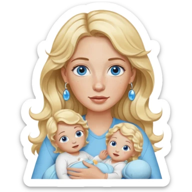 Wavy blonde, white woman with blue eyes, freckles hoop earrings, holding babies sticker