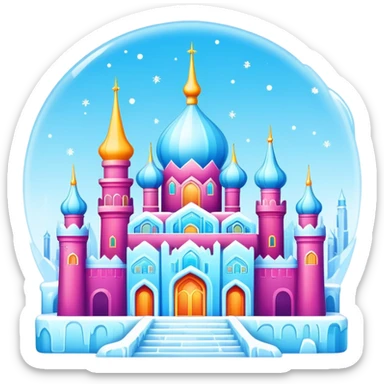 Harbin Ice and Snow World colorful ice buildings with lights, simplified emoji style with bold outlines and bright colors, cartoon style ice palace sticker