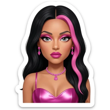 Nicki Minaj with grey eyes, long black hair with pink highlights, pink eyeshadow, hot pink lipstick, hot pink metallic sweetheart dress, pink necklace and earrings sticker