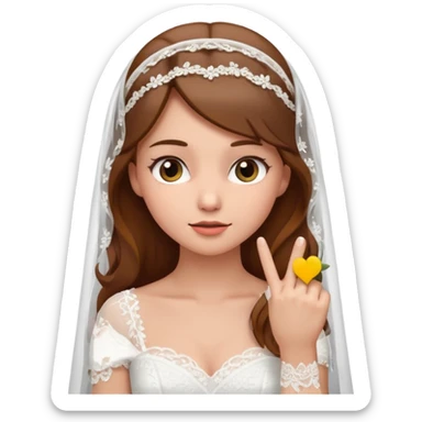brown-haired bride in a white wedding dress and veil, curious expression, pointing to her head with her index finger, cute emoji style. sticker