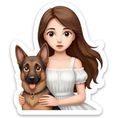 A beautiful girl with big eyes, fair skin, long brown hair with white dress and a German Shepherd dog sticker